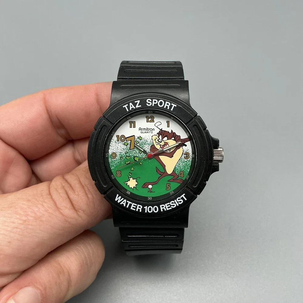 Vintage Armitron Taz Boys Watch 36mm Looney Tunes Black Rubber Sport New Battery